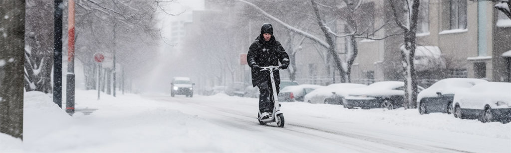Mann fährt mit E-Scooter durch Schnee
